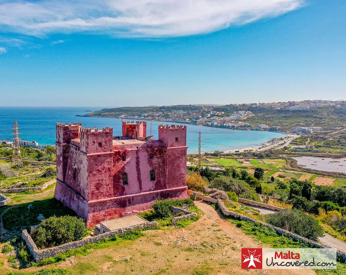 The red tower overlooking Mellieha Bay, in April.