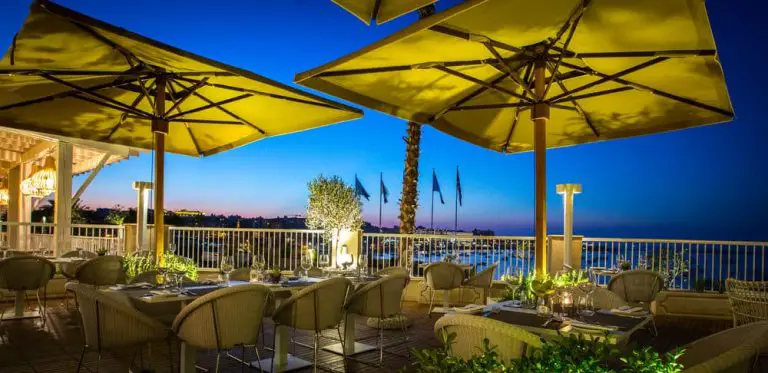 Salini Resort terrace and dining area with sea view.