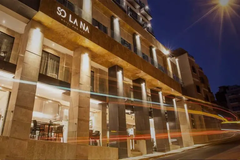 The facade of the Solana Hotel in Mellieha.