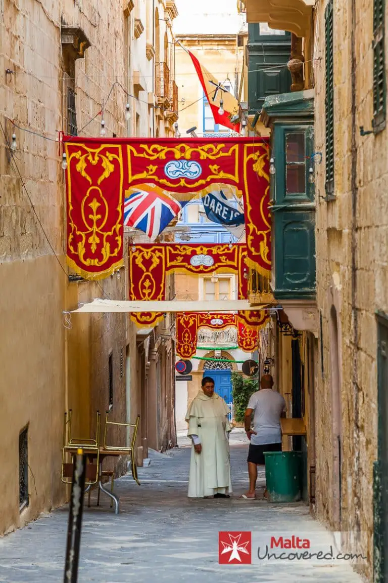 A small street in Valletta decorated for a local (religious) village feast.
